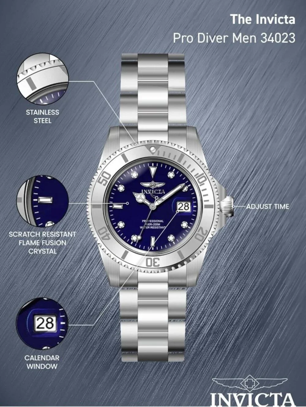 Men's 40mm Pro Diver Watch - Blue Dial, Silver Tone Stainless Steel, Water